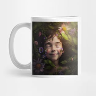 A Happy Young Child Surrounded by Flowers Mug